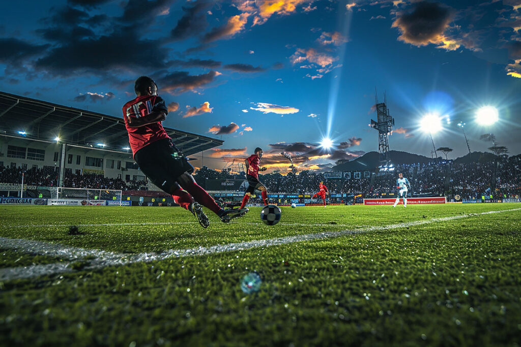 Halı saha maçında rakip oyuncuya doğru teknikle pres yapan futbolcu.