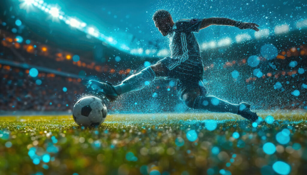 Halı sahada rakibe karşı vücudunu kullanarak top saklayan bir futbolcu.